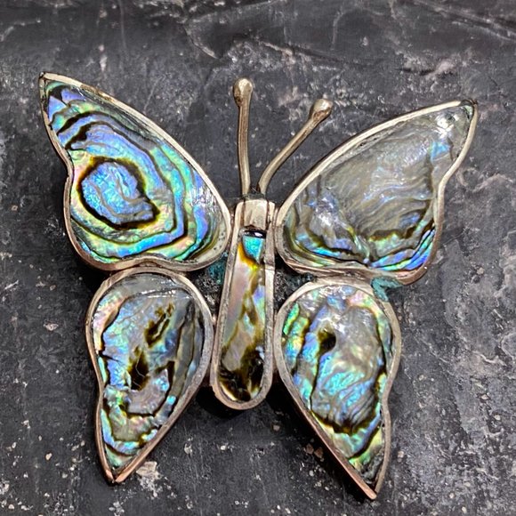 Butterfly Pin Brooch Abalone Shell Wings Made in Mexico,Vintage Alpaca Silver - Picture 1 of 5